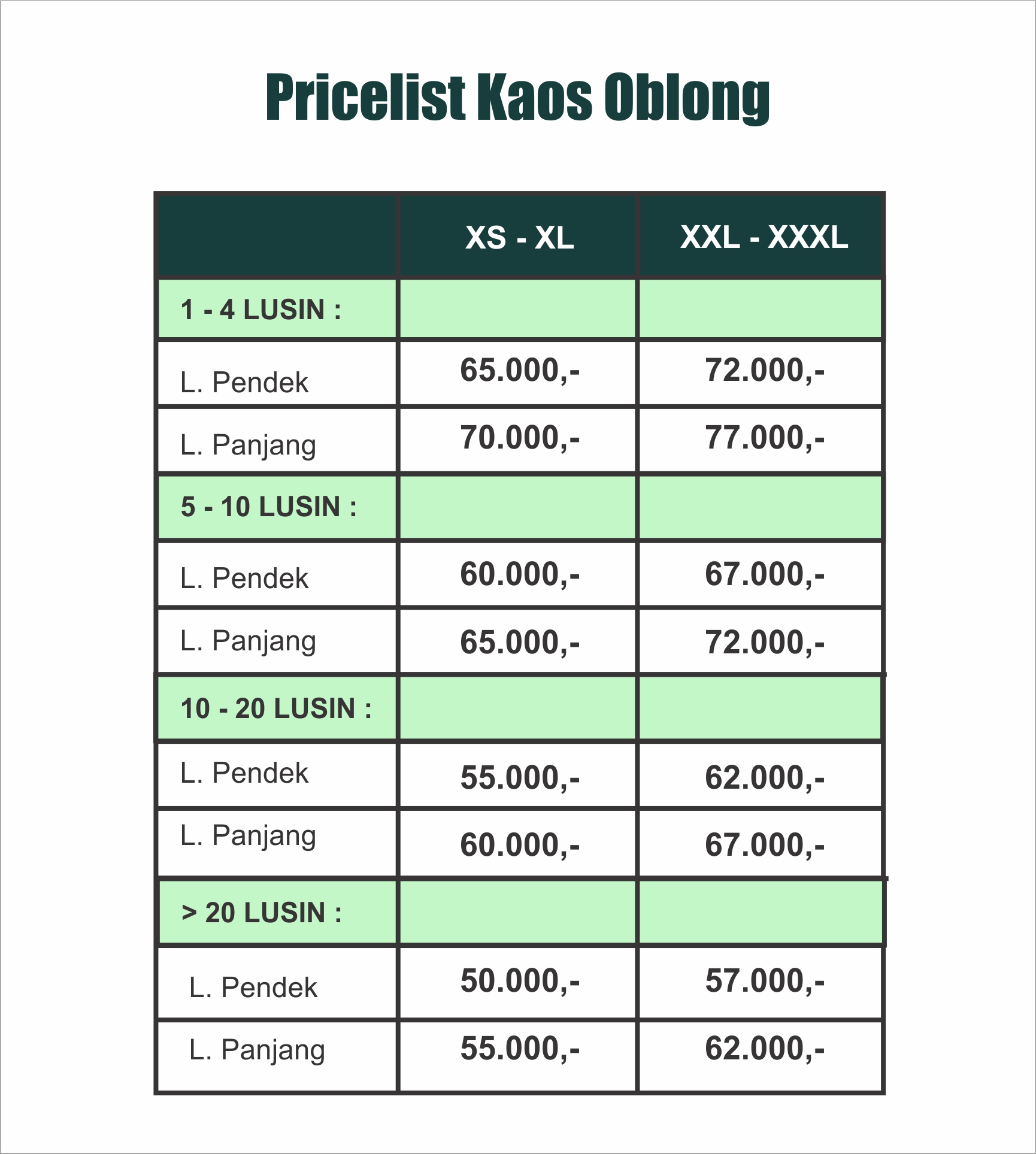 pricelist kaos oblong