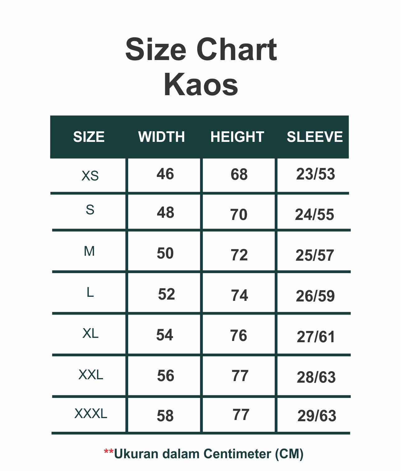 sizechart kaos website